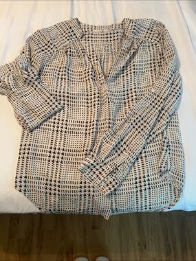 Light Cream and Black Patterned Button-Front Blouse